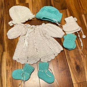 Handmade Baby Knitwear: White Sweater, Booties & Hat and Turquoise Booties & Hat
